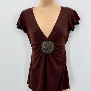 Y2K Chocolate Brown Indie Sleaze Medallion Babydoll Top Size Small Heart Soul